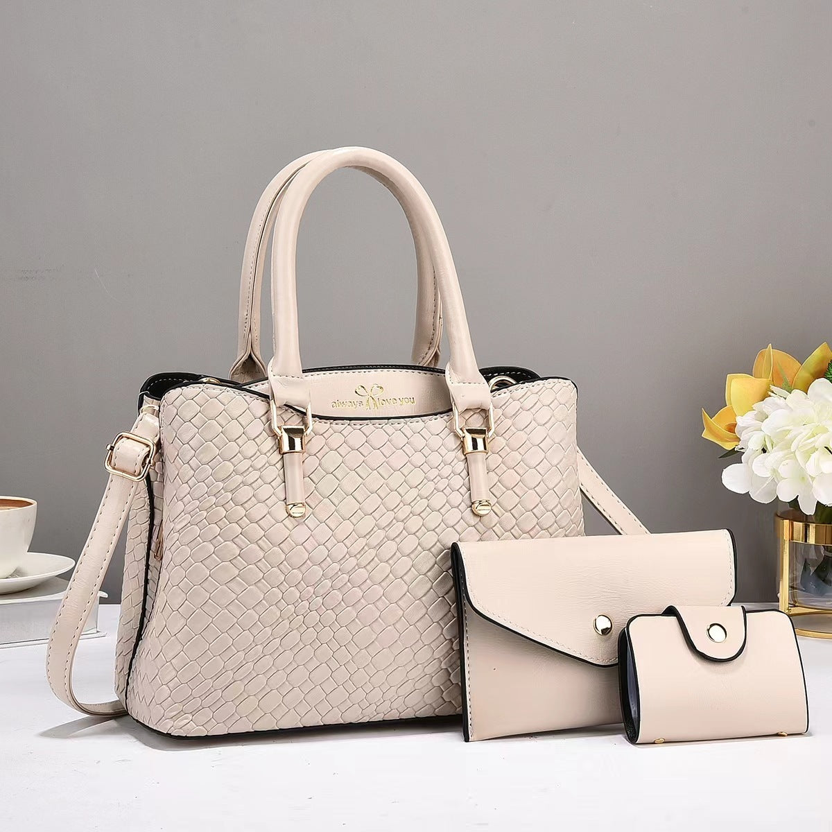 Versatile Everyday Commuter Bag with Crossbody Strap Woven Texture Three-piece Set Large Capacity One Shoulder Combination Bags