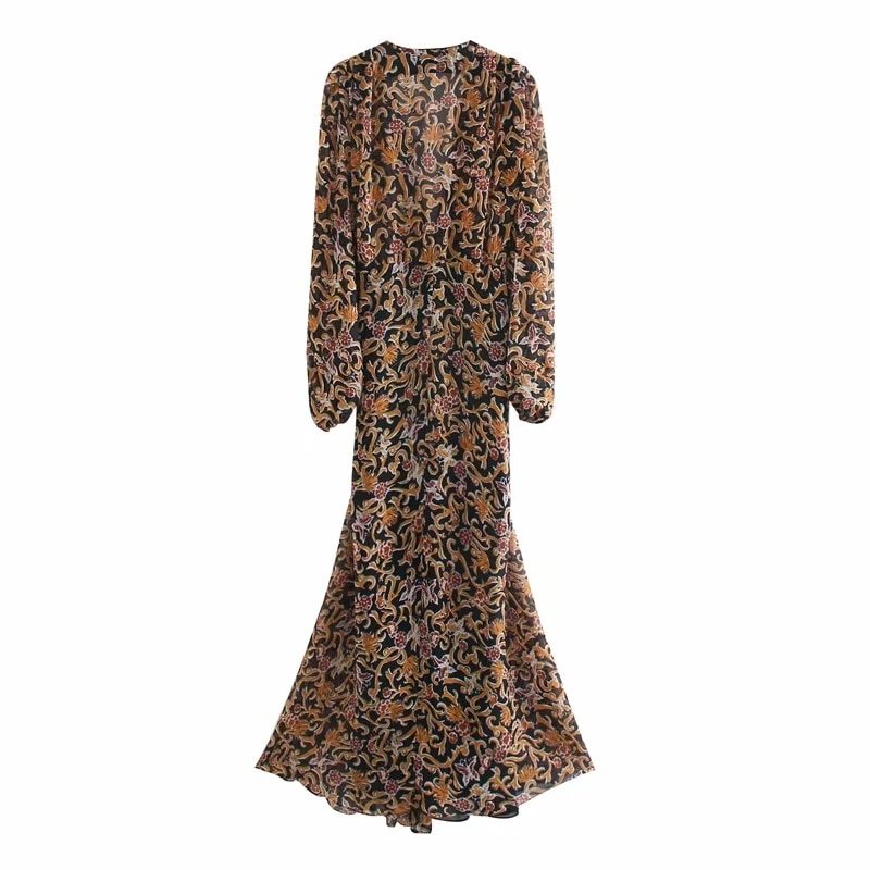 Floral Retro Printed V-neck Long sleeves Tulle Dress Woman vintage Goth Long dress