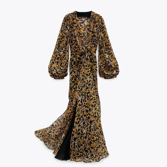 Floral Retro Printed V-neck Long sleeves Tulle Dress Woman vintage Goth Long dress