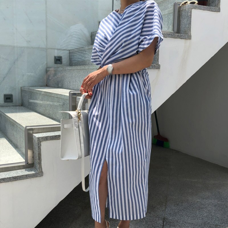 Striped cross-tie dress with front slit skirt for Women