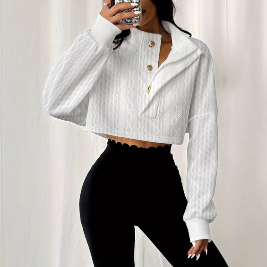 Solid Color Stand Up Collar Front Button Long Sleeved Textured Short Hoodie