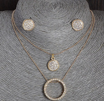 Elegant Gold Plated Rhinestone Jewelry Set Crystal Pendant Necklace & Earrings Set Women's
