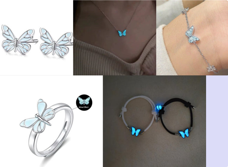 Enchanting Glow-in-the-Dark Butterfly Necklace & Bracelet Set Fashion Blue Luminous Butterfly Necklace Bracelet Set For Glow In The Dark Women Clavicle Chain Choker Party Jewelry Set Gift