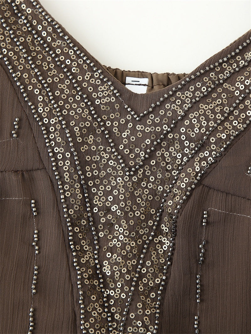 V-neck Beaded Sequins Embroidered Slip Top