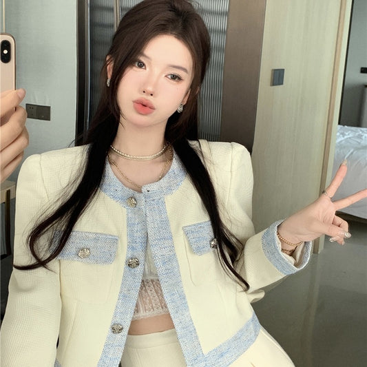 Chic Cream & Denim  - Elegant Blazer Single Breasted Contrasting Korean Top