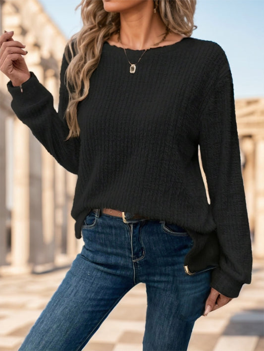 Plain Collar Rib Knit Casual Basic T-Shirt Blouse Women