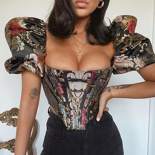 Baroque Floral Print Corset Top with Puff Sleeves Crop navel wrap bodice slim bodice