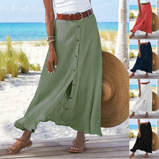 Fashion Cotton Linen A-Line Hip Mid Waist Long Skirt