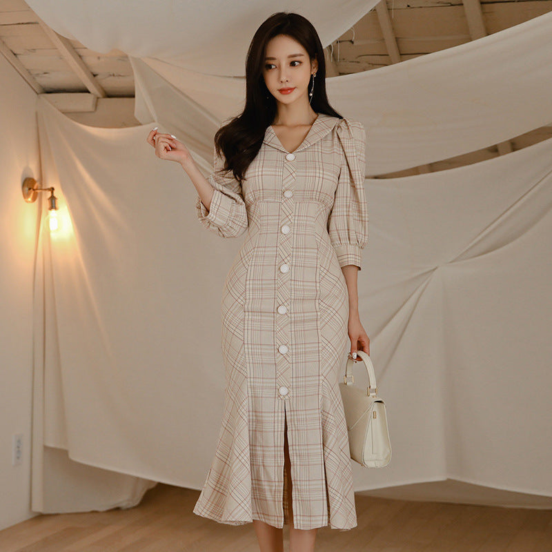 Elegant Beige Button-Front Midi Dress with Mermaid Hem V-neck Ruffle Dress