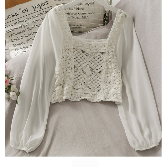 Elegant Crochet Panel Blouse | Sheer Sleeve Square Neck Top Women's Chiffon Panel Puff Long Sleeve Top