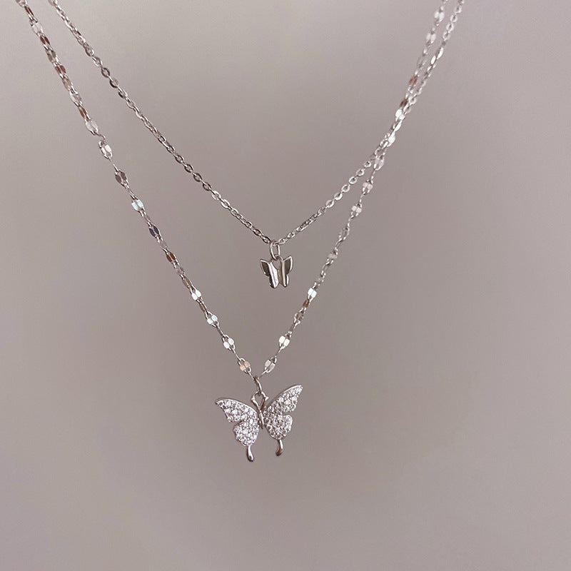 Sparkling Crystal Butterfly Double Chain Necklace Fashion Jewelry Double Butterfly Necklace Gold Plated Butterfly Pendant Engagement Necklaces For Women Animal Jewelry Anniversary Gift