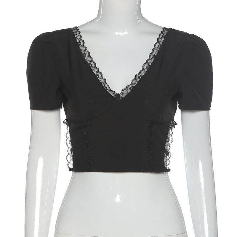Lace Short-sleeved Black Top For Women's