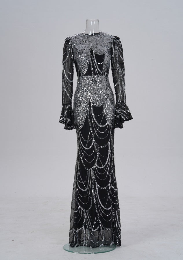 Long Sleeve Round Neck Slim-fit Sheath Sequined Banquet Fishtail Evening Dress For Women's