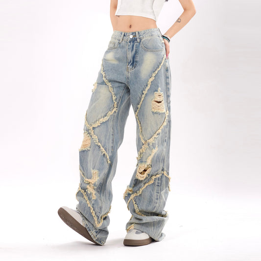 Distressed Patchwork Baggy Jeans – Vintage Y2K Grunge Denim Ripped Stitching Jeans For Men And Women
