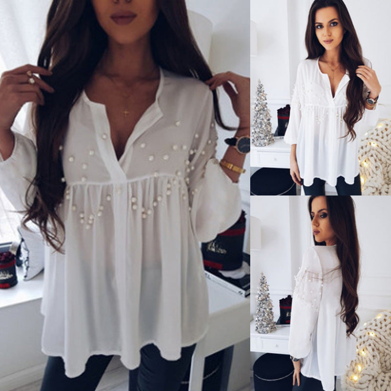 Elegant White Pearl Embellished Long Sleeve Blouse – Chic & Classy White Chiffon Beaded Loose Casual  Collar Top