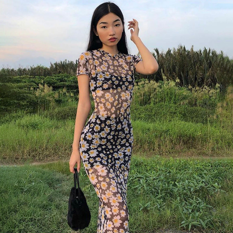 French Retro Slim Mesh See-Through Daisy Dress