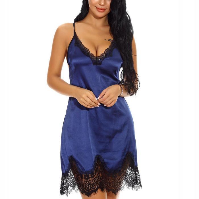 Silky Satin Lingerie Dress with Eyelash Lace Sexy Criss Cross Back Long Dresses Baby dolls
