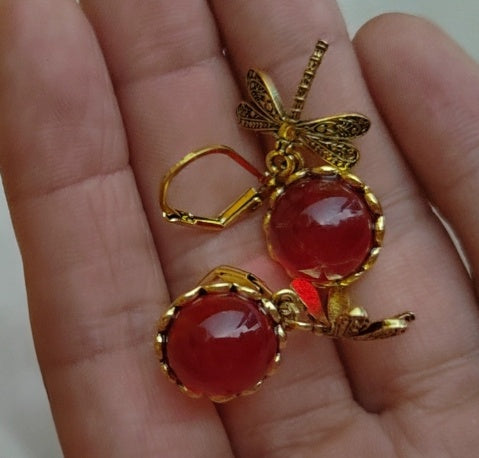 Vintage Inspired Dragonfly Dangle Earrings with Iridescent Cabochons