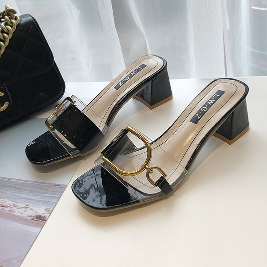 Gloss Buckle Block Heels – Polished & Poised Thick Heel High Heel Slippers Women Flip Flops Women Transparent Slippers