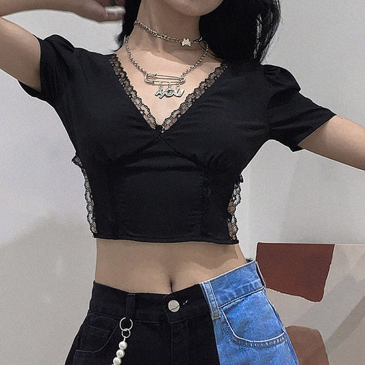 Lace Short-sleeved Black Top For Women's
