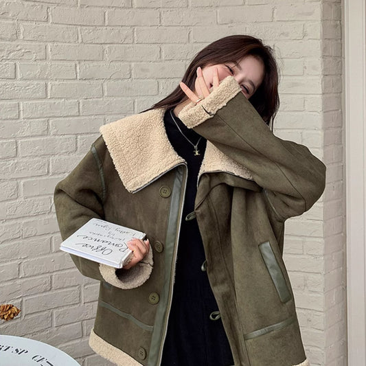 Korean-style Retro Green Suede Lambswool Coat Women's