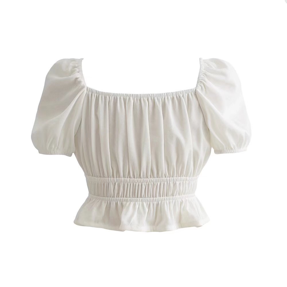 Ruffled Waist French Retro Princess Puff Sleeve Crop Top