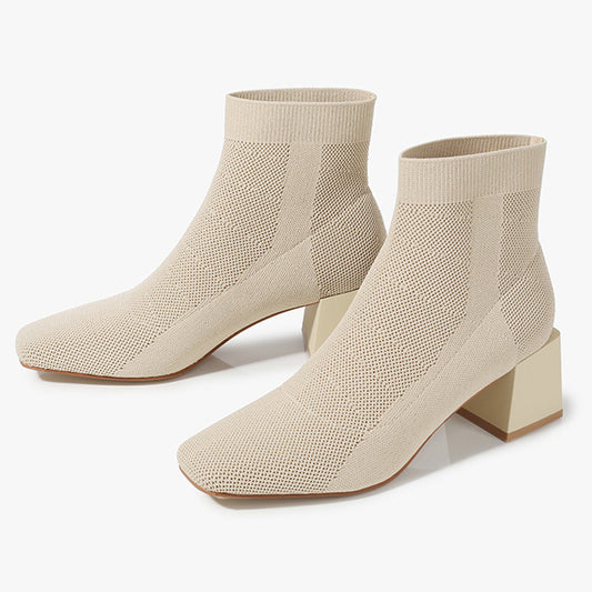 All-match Stretch Knitted High Heel Solid Color Chunky Heel Square Toe Boots Women