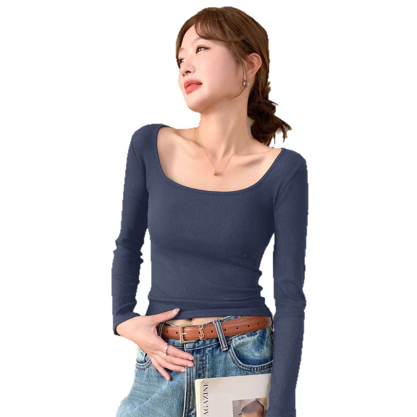 Thread Big U-neck Long-sleeved Top Spring