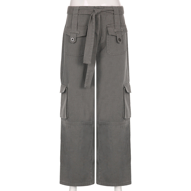 Tactical Chic – Where Street Meets Utility Vintage Multi Pocket Belt Casual Workwear Jeans Women