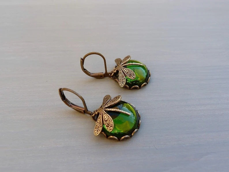 Vintage Inspired Dragonfly Dangle Earrings with Iridescent Cabochons