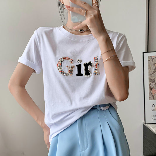Aesthetic "Girl" Design Short Sleeve Top | Versatile Everyday Tee Printed T-shirt Korean Style Versatile Half Sleeve Top