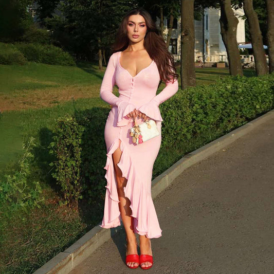New Fashion V-neck Flared Sleeves Ruffled Split Dress Women
