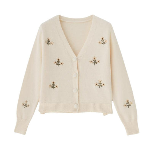 Korean Style Cropped Embroidered Knit Top - Casual & Elegant Long Sleeve Top Korean Short Thin Sweater Jacket