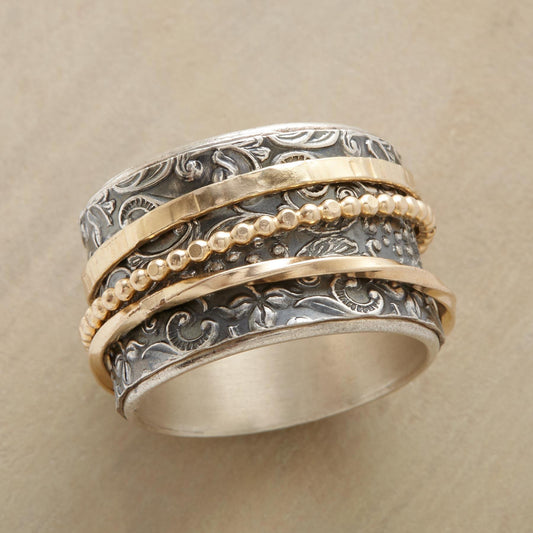 Artisan Crafted Spinner Ring - Two-Tone Filigree & Gold Bands Punk Trend Line Alloy Silver Ring