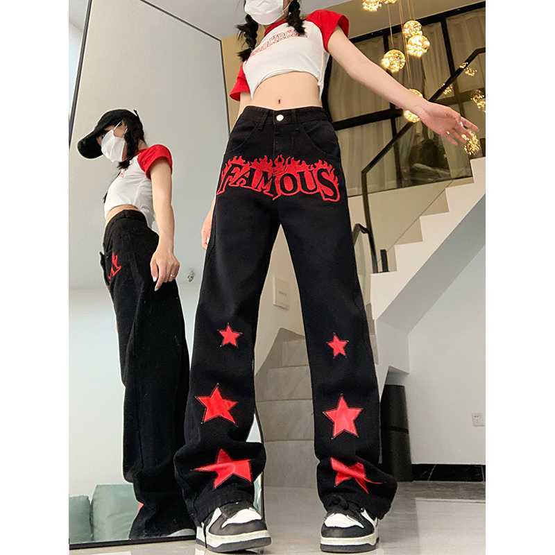 Y2K Famous Star Print Baggy Pants – Black Wide Leg Streetwear Jeans Red Star Letters Jeans For Women High Waist Casual Trousers