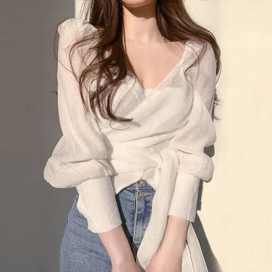 Chic & Versatile V-Neck Long Sleeve Blouse - Perfect for Dates & Office Fashion Elegant Chiffon Blouse Top For Women