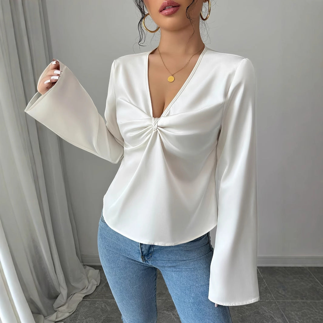Elegant Solid Color V-neck Ruffled Front Flared Sleeve Shirt