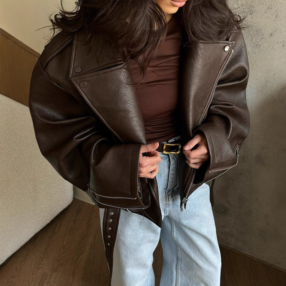 Lady Temperament Short Lace Up Leather Coat