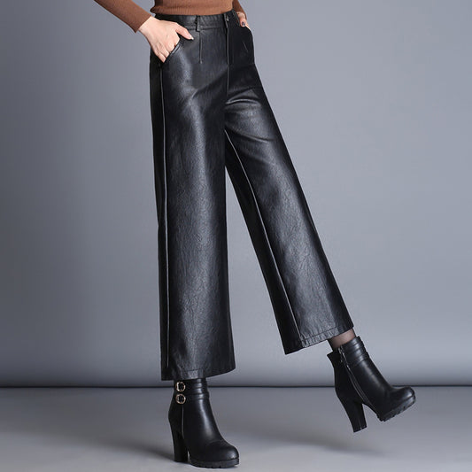 Classic Black Plus Size Loose Women Casual Leather Pants