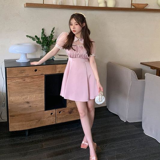 Cute & Chic Pink Collared Mini Dress with Puff Sleeves Pure Desire Satin Puff Sleeve Dress