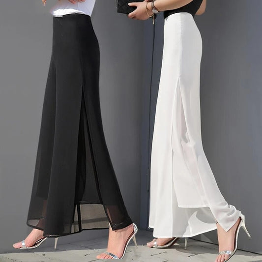 Luxe Flow Slit Pants – Sheer Elegance in Black & White Chiffon harem pants split female wide-leg pants