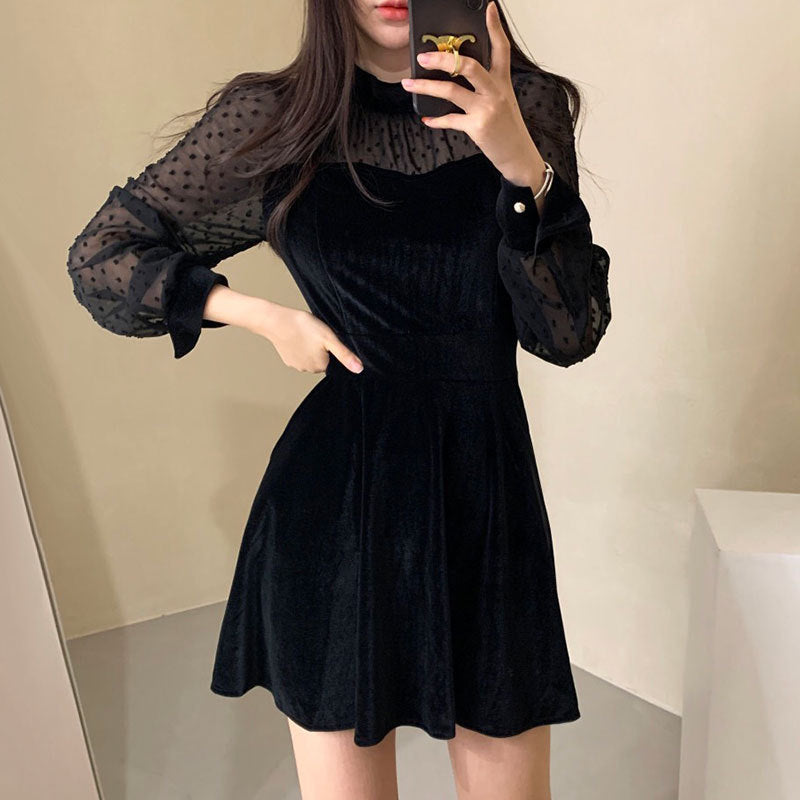 Retro Stand-up Collar Velvet Patchwork Long-sleeved Dress Women's