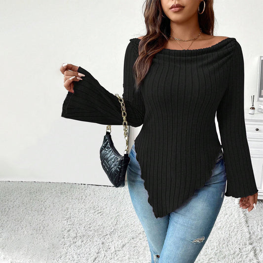 Off-neck Long Sleeve T-shirt Slim Fit Irregular Top