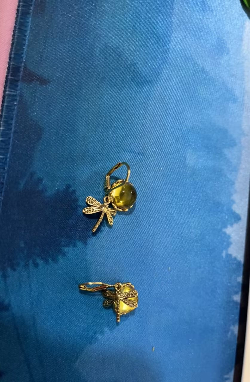 Vintage Inspired Dragonfly Dangle Earrings with Iridescent Cabochons