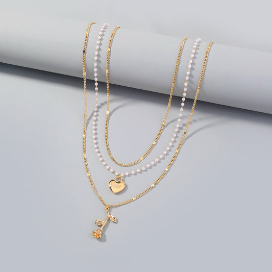 Boho Chic Layered Imitation Pearl & Chain Necklace Personality, creativity, love, roses, lovers, multi-layer necklaces, women