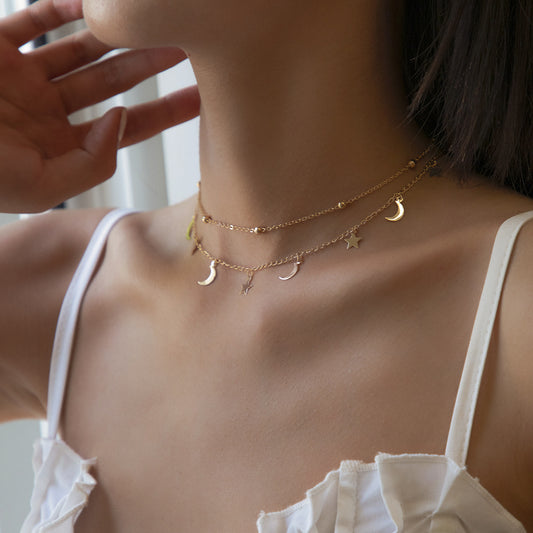 Celestial Charm Layered Necklace – Moon & Star Magic for a Dreamy Look Simple Star And Moon Tassel Fine Chain Necklace Female   Geometric Bead Clavicle Necklace