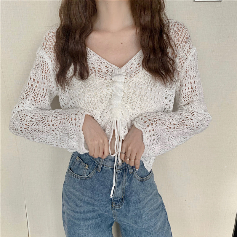Trendy Open-Knit Tie-Front Cardigan | Sheer Crochet Style Jumper Top New Korean Style Loose V Neck Drawstring Crop Top
