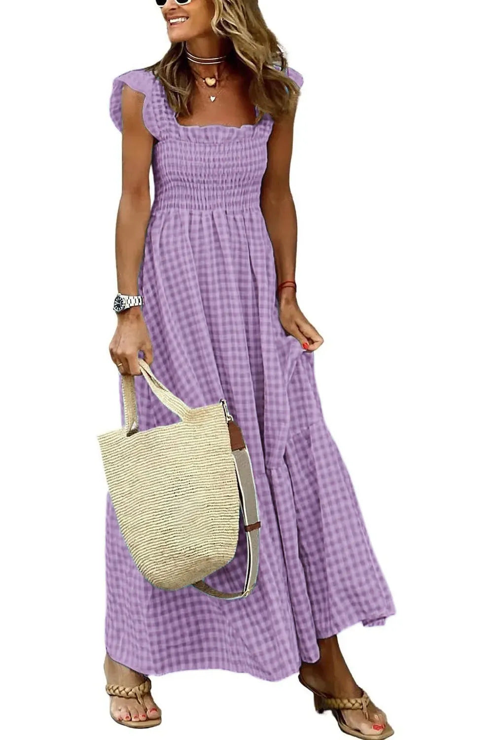 Gingham Smocked Maxi Dress – Effortless Charm in Every Color Summer Plaid Print Pleated Ruffle Dress INS Fashion Sleeveless A-line Swing Beach Dress Women's Clothing
