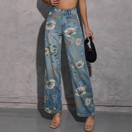 American Ladies Printed Pattern Casual Straight-leg Denim Trousers