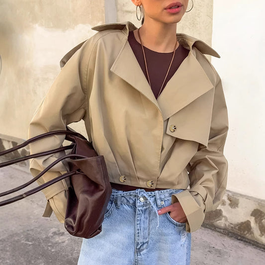 Khaki Double Breasted Blazer Collar Coat